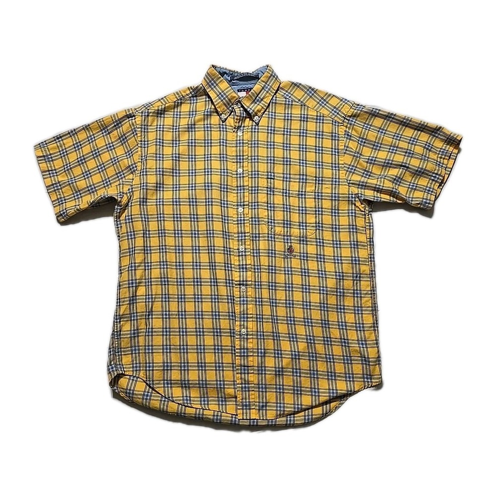 Vtg Tommy Hilfiger Men Medium Yellow Plaid Button Down Short Sleeve Shirt Y2k 90
